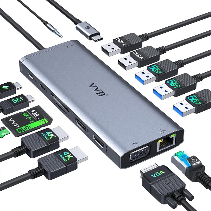 VVB USB C Docking Station Dual Monitor HDMI for Dell HP Lenovo Laptop,14 in 1 Docking Station to 2 HDMI Port 4K+VGA USB Type C Hub Multiport Adapter Dongle Dock,USB C to Ethernet+5 USB+SD/TF+100W PD+Audio - Image 1